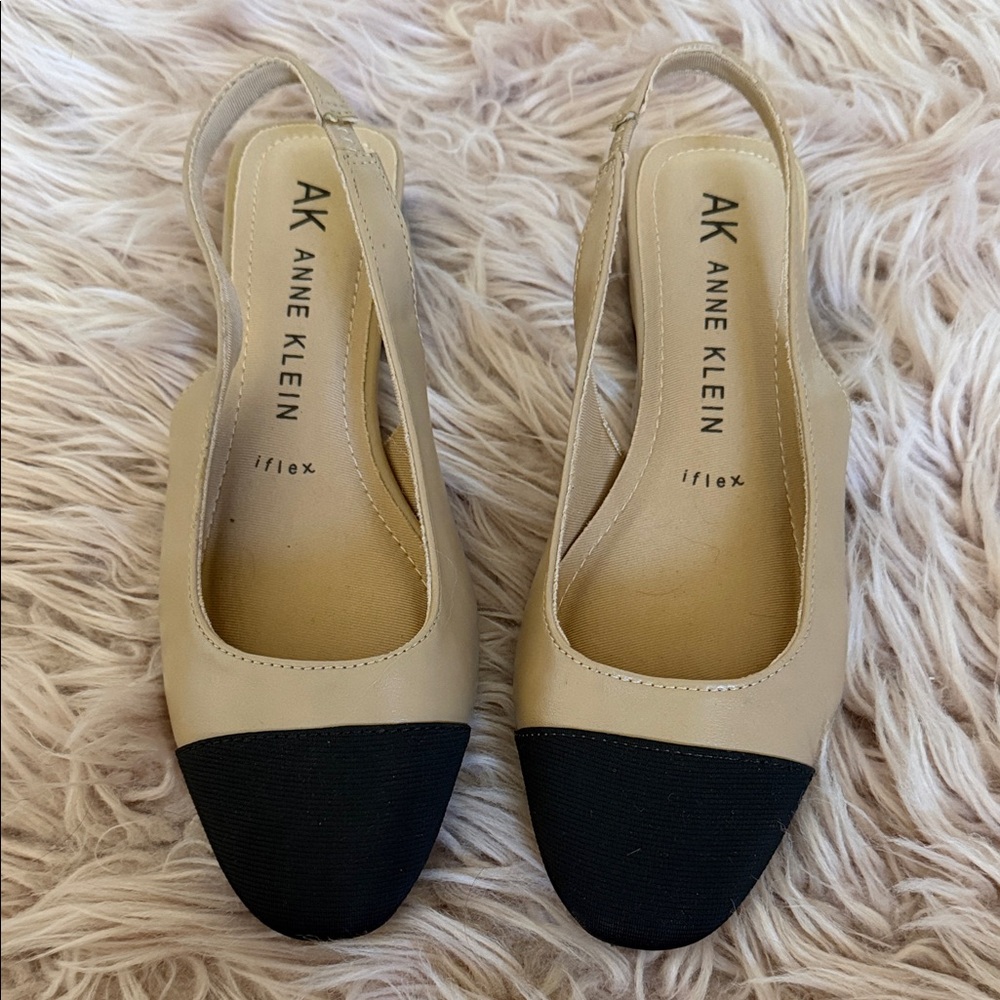 Anne Klein Beige and Black Cap-Toe Slingback Flats